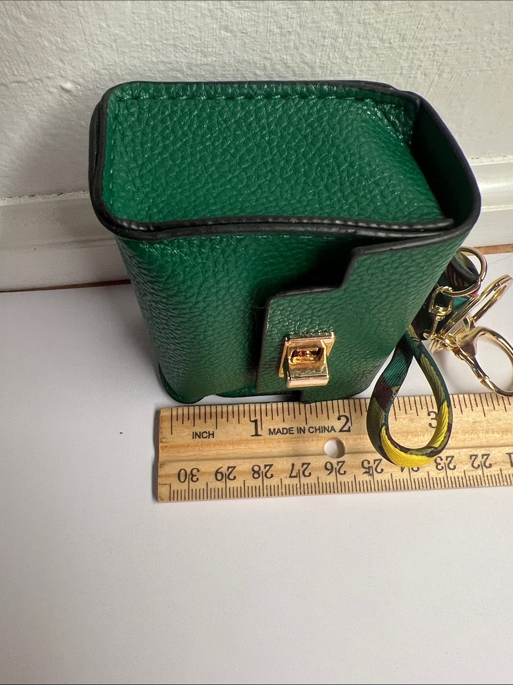 Green Mini Crossbody Key Chain Bag or Charm w/Gold Hardware & Mini Scarf 3x2x1 - Picture 9 of 10
